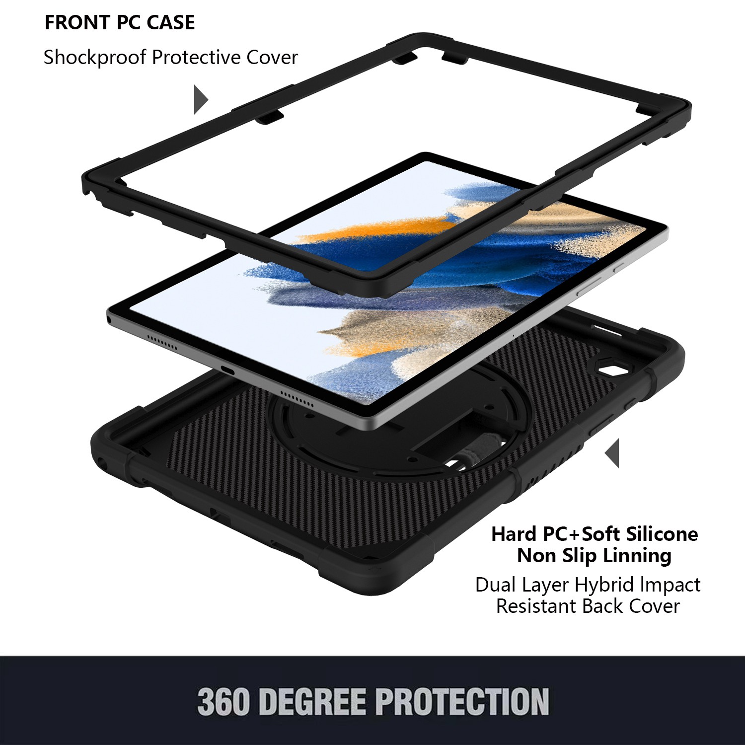For Apple iPad 9th /8th /7th Gen 10.2 inch 3-in-1 Tough Hybrid Shockproof Protector Silicone TPU with Pencil Holder, Kickstand, Hand & Shoulder Strap Case Cover [Black]