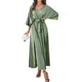 thumbnail image 3 of Women'S Satin Batwing Sleeve Cocktail Evening A Line Long Dress V Neck Ruched Loose Maxi Dress Green M, 3 of 9