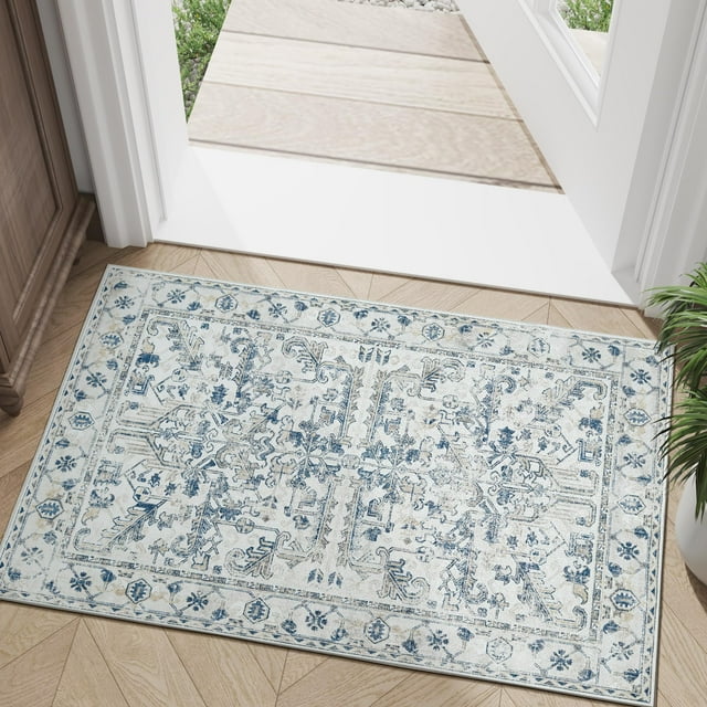 Alfombra Jinchan Vintage Floral Azul 60x90 cm de Pelo Bajo Antideslizante