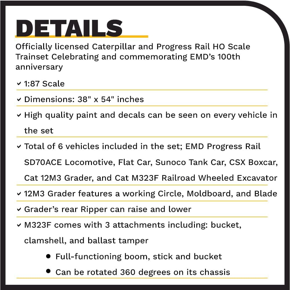 Diecast Masters Caterpillar Progress Rail HO Scale Train Set, HO Series Cat Trucks & Construction Equipment | 1:87 Scale Model Diecast Collectible | Diecast Masters Model 87001