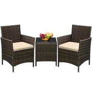 Devoko 3 Pieces Patio Conversation Set PE Rattan Wicker Chairs with Coffee Table, Brown/Beige