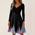 thumbnail image 5 of Women's Casual Fashion V-Neck Long Sleeved Retro Christmas Print Retro Dress, Holiday Print, Audrey Style, Party Wear, Casual Dress, Festive,Purple,M, 5 of 7