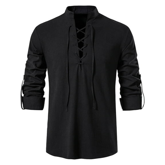 Joau Linen Shirts for Men Casual Solid Color Rolled Sleeve Stand Collar Lace Up Punk Shirts Holiday Beach Shirt Hawaiian T Shirts Lightweight Pullover Tops for Men