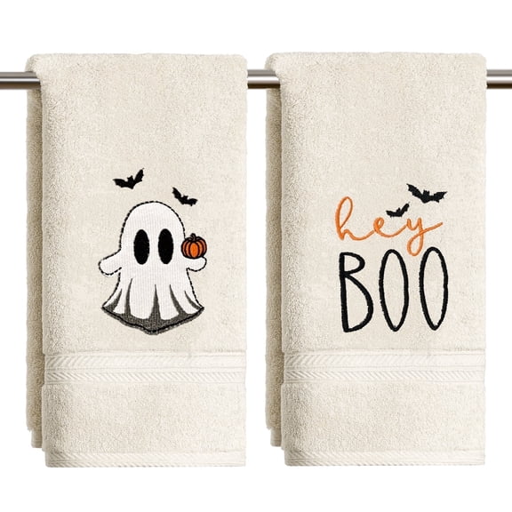 Sm:)e 2 Pc Pumpkin Bat White Ghosts Embroidered Halloween Hand Towel, 100% Cotton Absorbent Towel, 13.7 x 29.5 Inch, Beige