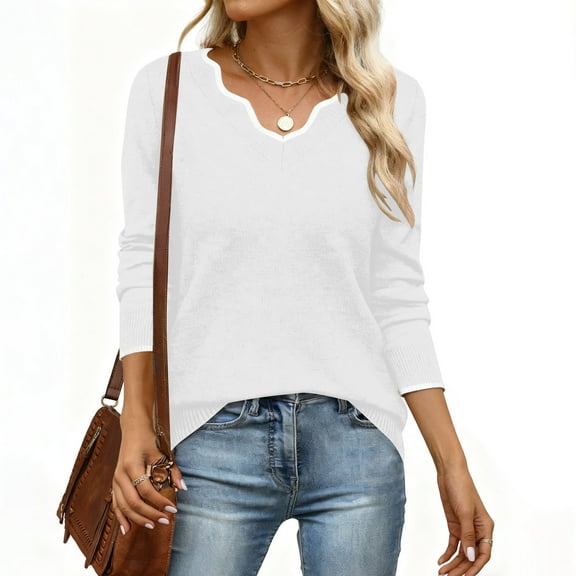 ClodeEU Women's Sweaters, V Neck Long Sleeve Lightweight Sweaters, Loose Solid Fall Tops Pullover Sweater White,Womens Plus S