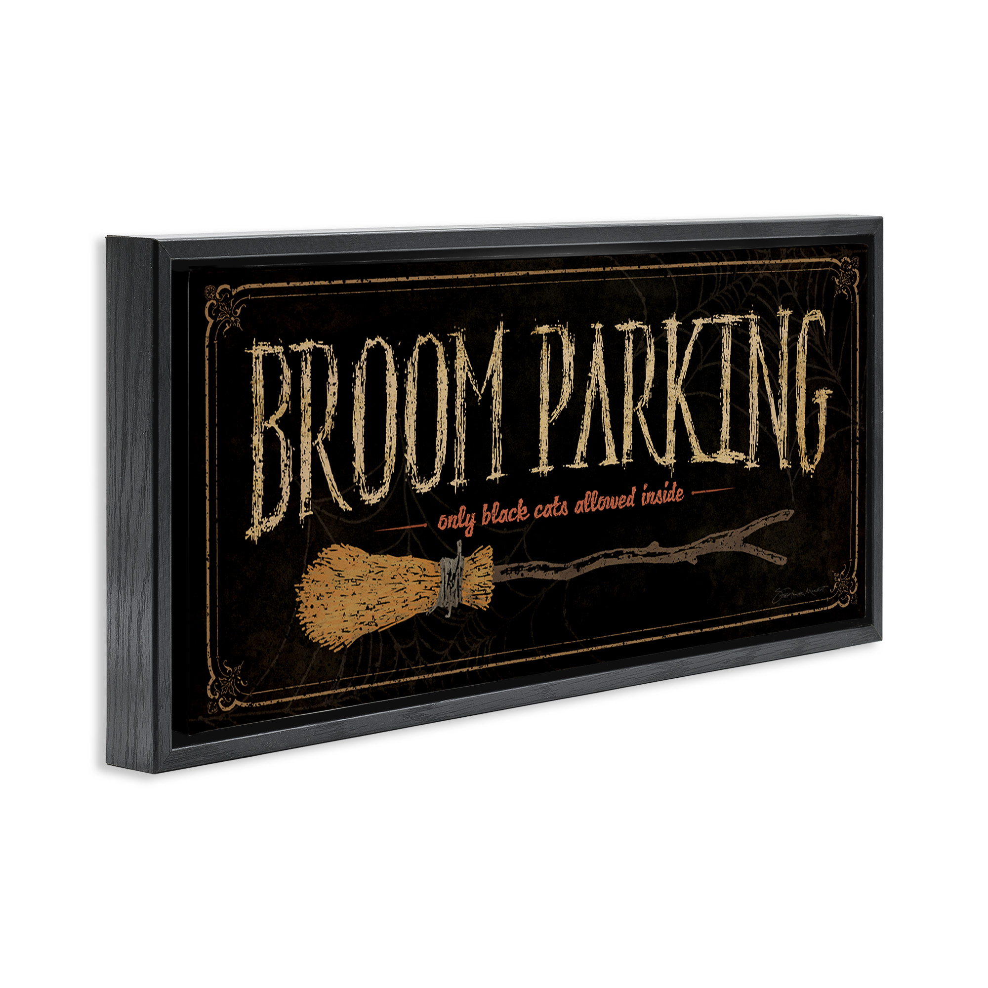 Stupell Industries Broom Parking Black Cats Allowed Holiday Painting Black Floater Framed Canvas Art Print Wall Art, 31 x 14