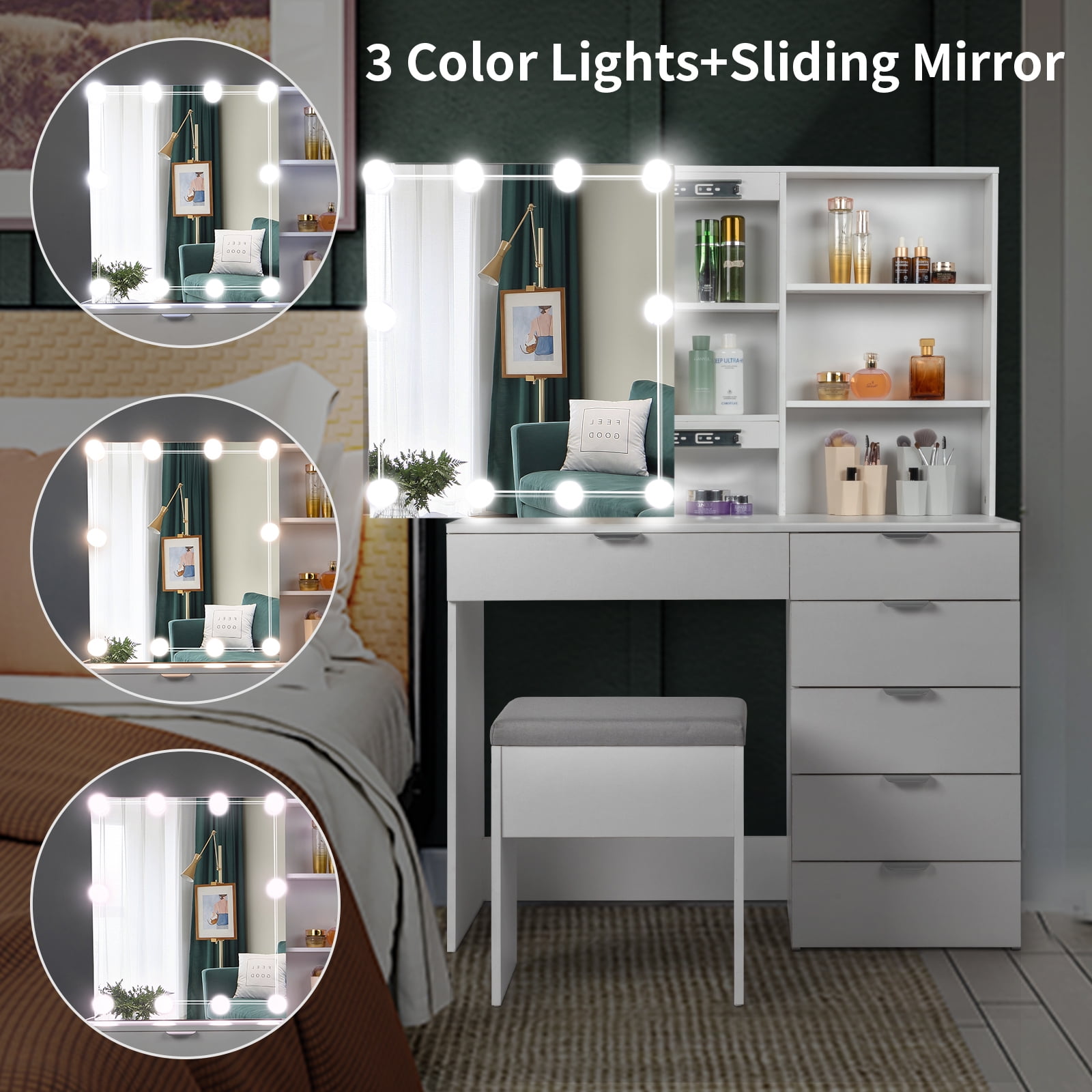 Ktaxon Vanity Set with 3 Color Lighted Mirror, Makeup Table with 6
