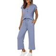 thumbnail image 2 of mihongmao Womens Sweatsuits 2 Piece Set Women's Summer Comfortable Casual Sports Pleated V-neck Short Sleeved Pocket Pants Solid Color Set Light Blue 2X, 2 of 8