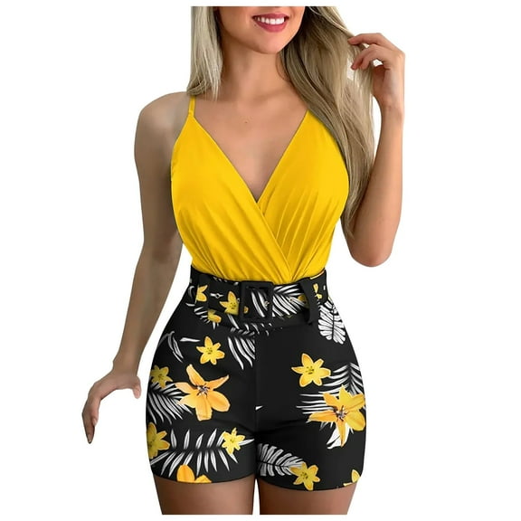 TIHLMK Track Suits for Women Set Fashion Women Summer V-Neck Sleeveless Solid Top   Froral Print Pant Set Gifts for Women