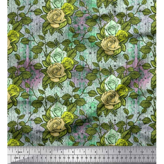 Soimoi Cotton Duck Fabric Leaves & Grandiflora Roses Floral Printed Craft Fabric by the Yard 42 Inch Wide