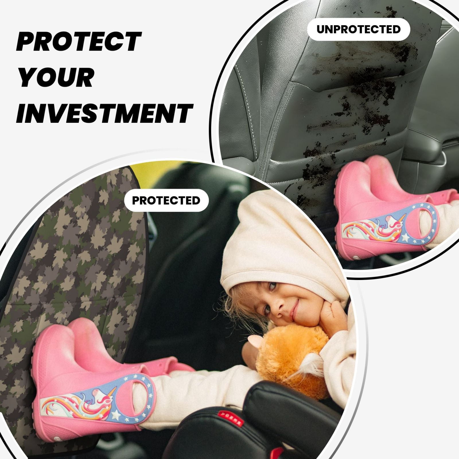 Kdxio Camouflage maple Print 2 Pack Car Kick Mat Seat Cover Back Protector Mat with Pockets for Organizer Backseat Protector and Storage Anti Kick Pad for Vehicles