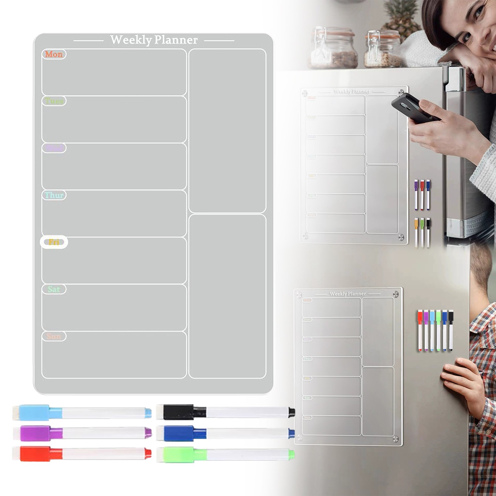 RUIG Acrylic Meal Planner Board for Kitchen Fridge - Weekly Calendar Planning Noteboard with Markers for Grocery List, Chore Chart & To-Do Organization
