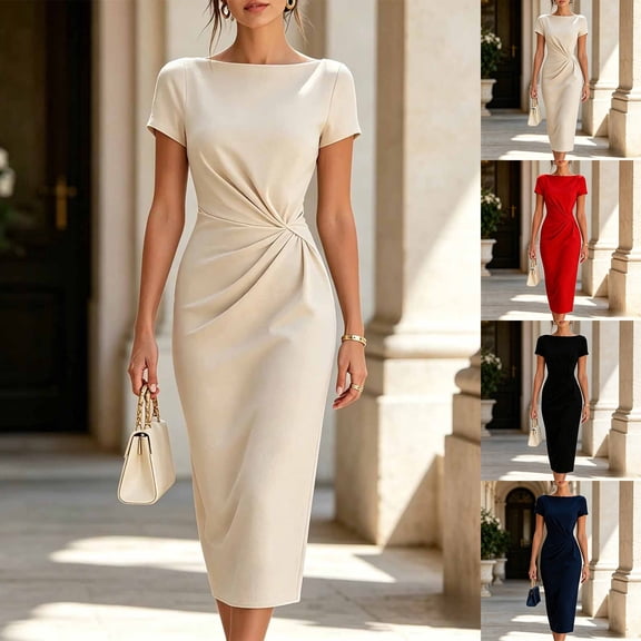 AHTJRT Women's Summer Dresses Boat Neck Short Sleeve Sheath Business Bodycon Midi Dress Elegant Wrap Office Cocktail Ball Gowns Blue XXL