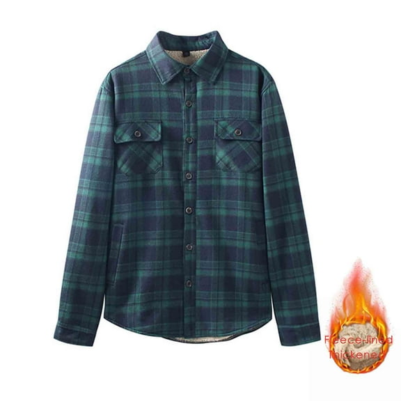 YueHuiYing Men Casual Loose Lined Thicker Plaid Button Pocket Long Sleeve Turn-Down Collar Shirt Jacket