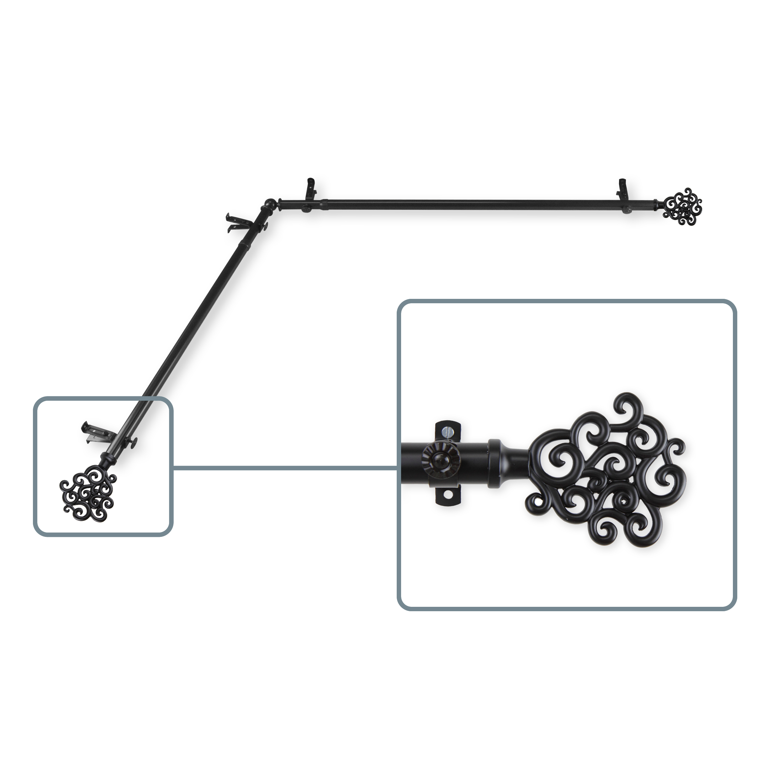 Fabritio 13/16 inch Corner Window Curtain Rod 28-48" - Black
