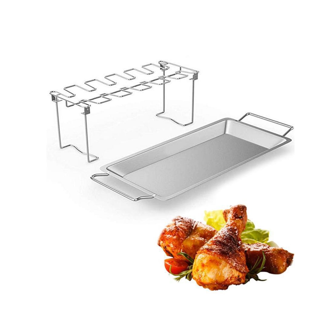 A1, As Shown 14 Slots BBQ Holder Rack Duck Chicken Leg Wing Grill Cooking Rack with Drip Pan Poultry Roaster Chicken Wing Rack 