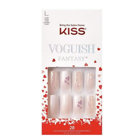 Kiss VOGUISH Fantasy White Ombre Long Length Nails Long Square FV18X Holographic Glitters w/ Heart Design Limited Edition 1 Pack