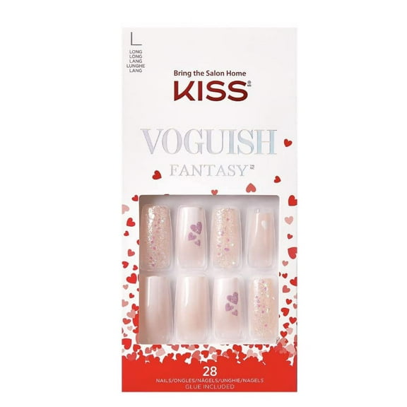 Kiss VOGUISH Fantasy White Ombre Long Length Nails Long Square FV18X Holographic Glitters w/ Heart Design Limited Edition 1 Pack