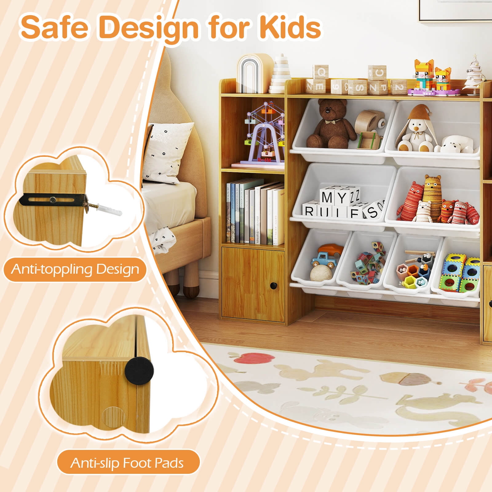Costway Kids Toy Storage and Bookshelf with 8 Boxes Open Shelves & 2 Single-door Cabinets Beige