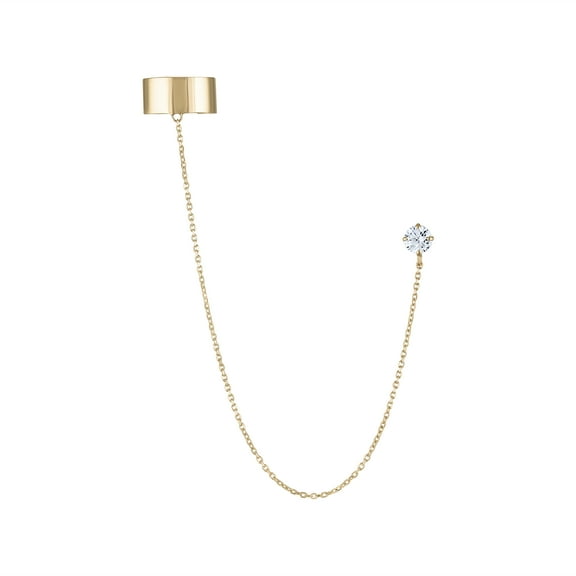 Zahav Jewelry 14K Solid Yellow Gold Ear Cuff With Chain and 4mm Round CZ