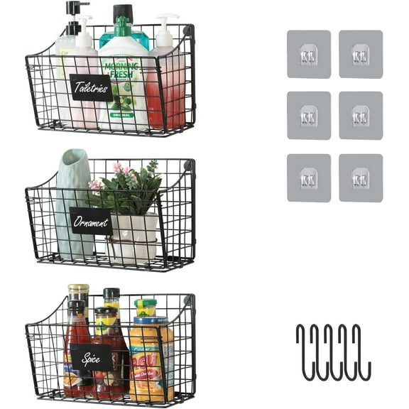 3 Pack Hanging Baskets for Kitchen with 5 Hooks & 3 Label Plate Adhesive, Farmhouse Metal Wire Baskets Wall Mounted Shelves Pantry Organization,Black