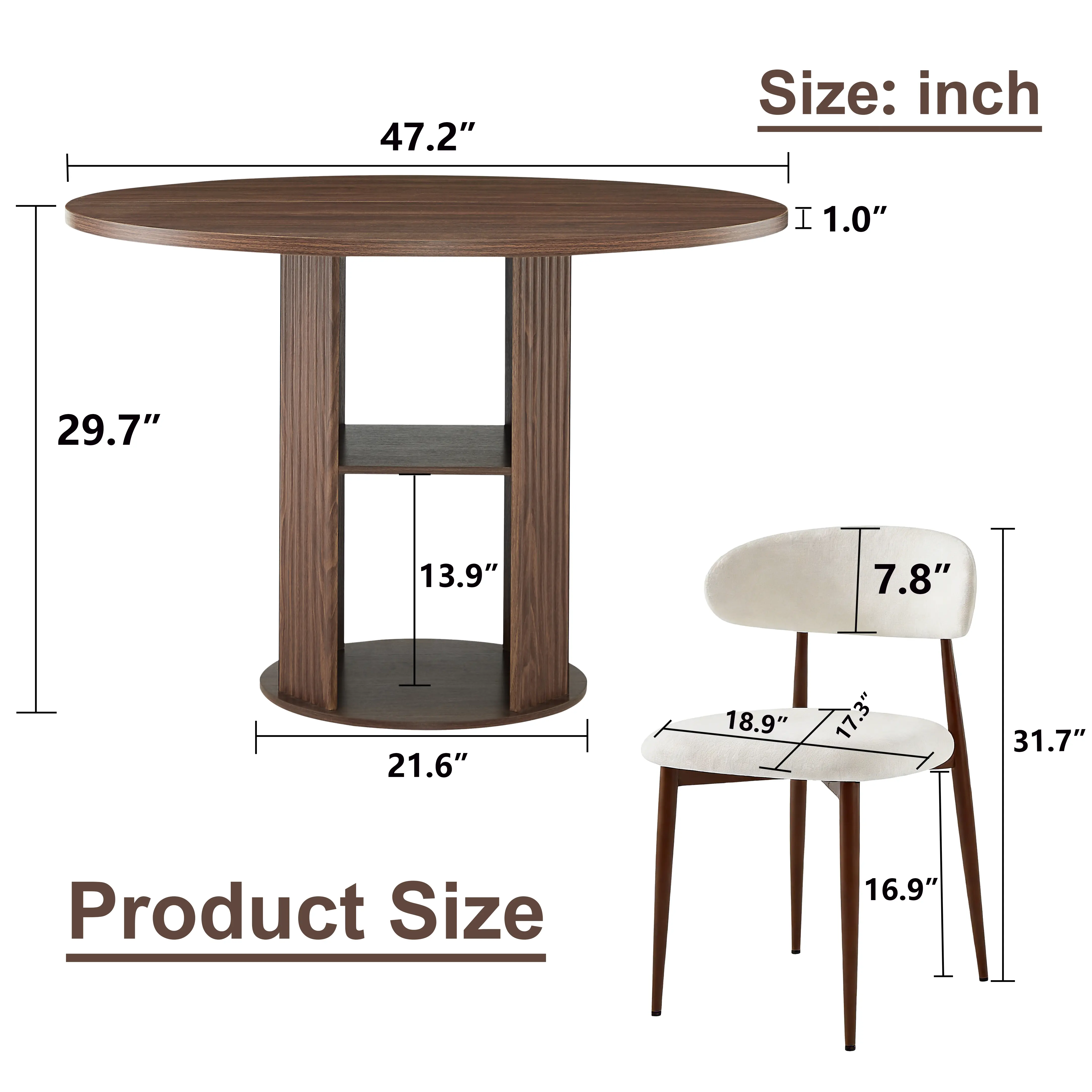 Aukfa 2 Pcs Round Dining Table Set with 2-Tier Storage Shelves, 2 Upholstered Chairs, Brown