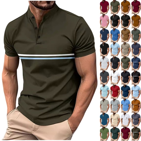 Mens Clothes, Men Solid Color Casual Fashion Button Round Neck Short Sleeve T-shirt Top S, Army Green