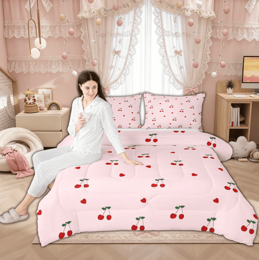 Manfei Girly Pink Cherry Bedding Comforter Set for Kids Girls, Kawaii Cute Cartoon Twin Comforter Sets,Pink Reversible, 2-Piece