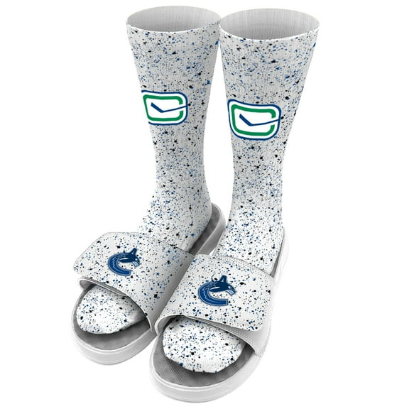 Men's ISlide White Vancouver Canucks Speckle Socks & Slide Sandals Bundle