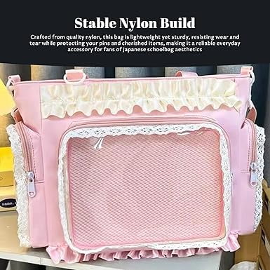 Kawaii Ita Bag with Clear Display Windows - Japanese Lace Ruffle Nylon Messenger Bag, Adjustable Strap, Y2K Cute Handbag for Pins, Badges & Accessories(XX-Pink)