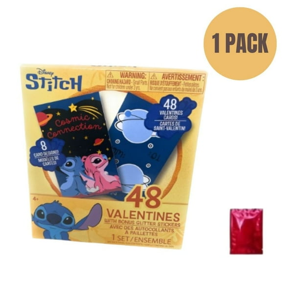 Disney Stitch Valentine’s Day Cards, 48 Count with Glitter Stickers, Kids Classroom Exchange Includes Bonus LaPrima Morceau Bonbon