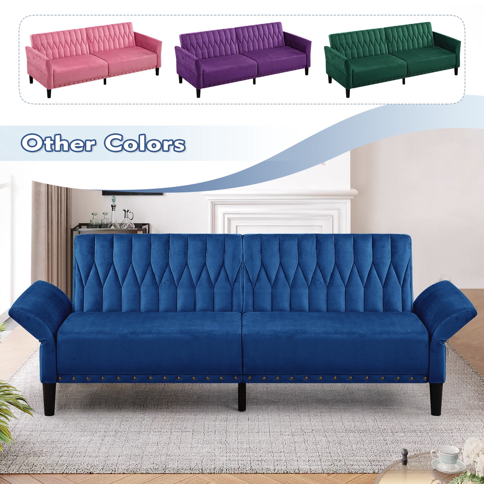 ACMEASE 77 Inches Velvet Sofa Bed w/Adjustable Backrests & Armrests, Tufted Sleeper Sofa Couch w/Nailhead Trim, Convertible Modern Recliner Loveseat for Living Room,Office, Blue