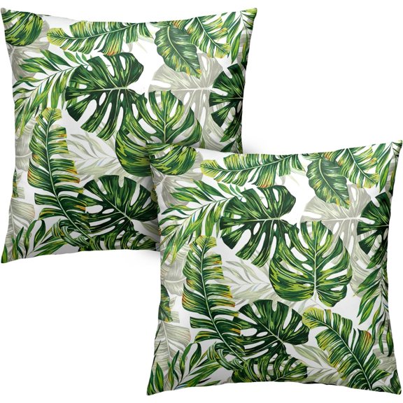 Summer Green Leaves Throw Pillow Cover 18x18 Tropical Palm Leaf Pillow Covers Summer Farmhouse Decorative Pillow Covers for Couch Outdoor Living Room Patio Set of 2