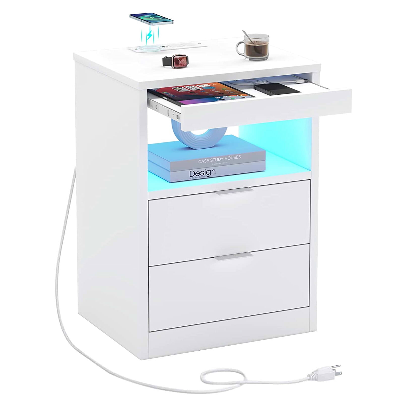 LED Light Bedside Table, Nightstand with Wireless Charging Station and 2 Drawers, White Finish