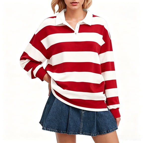Vxararl Women Long Sleeve Striped Polo Shirt Long Sleeve Lapel V Neck Pullover Long Sleeve Striped Shirt Y2k Streetwear Oversized Long Sleeve Lapel V Neck Red 2xL