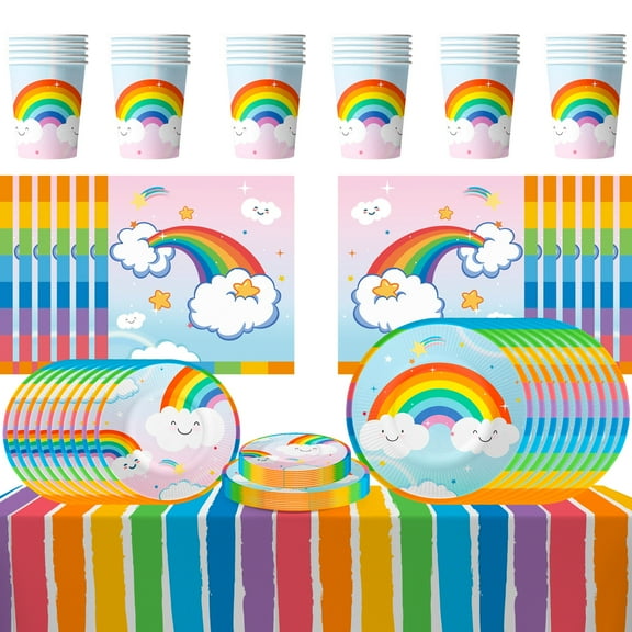 Rainbow Party Supplies,162pcs Rainbow Party Tableware - Plates Cups Napkins Tablecloth etc Rainbow Party Decorations for Birthday, Christmas, Halloween