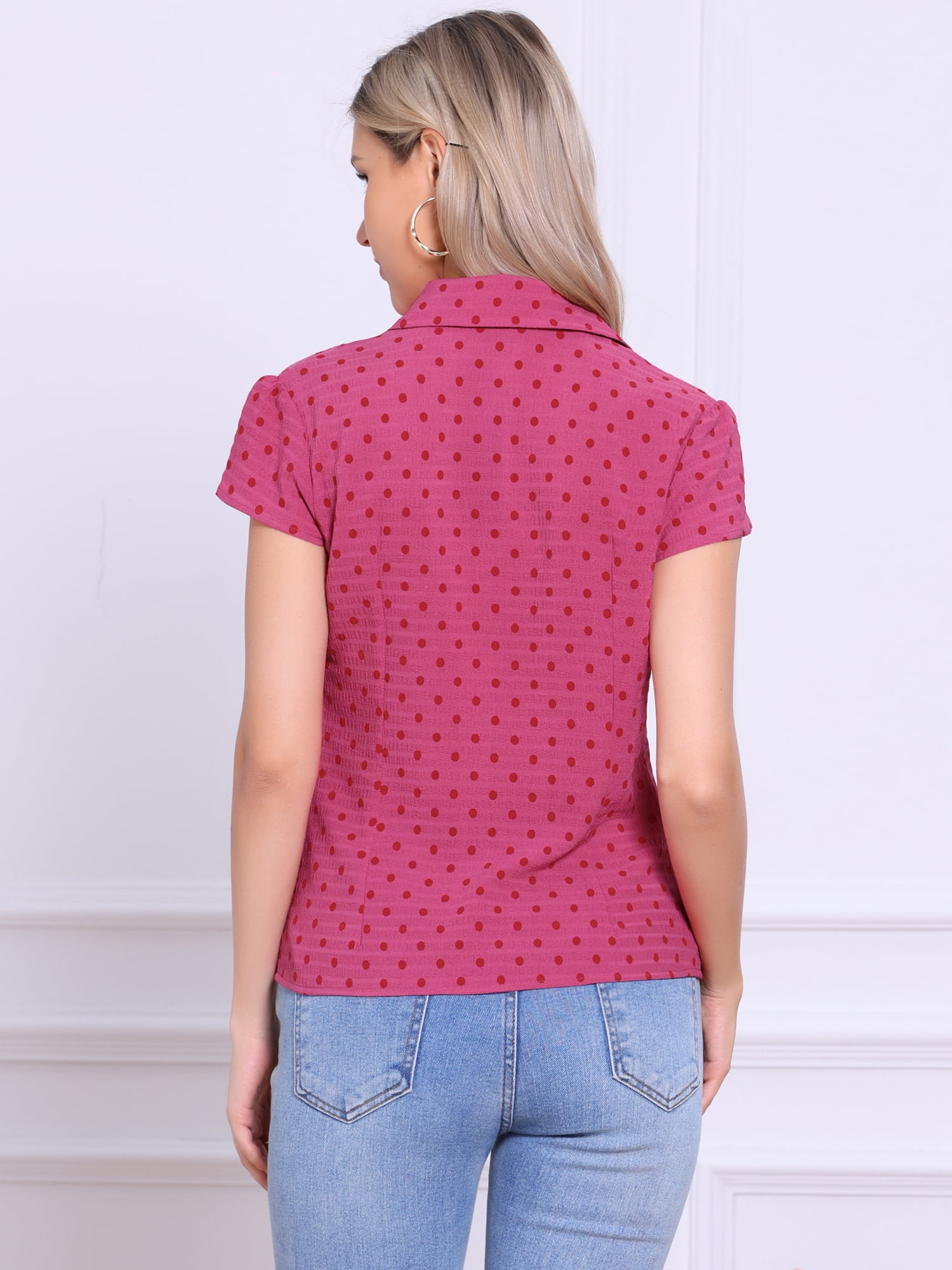DARING DIVA Women's Polka Dots Shirt Retro Short Sleeve Button Up Top M Hot Pink