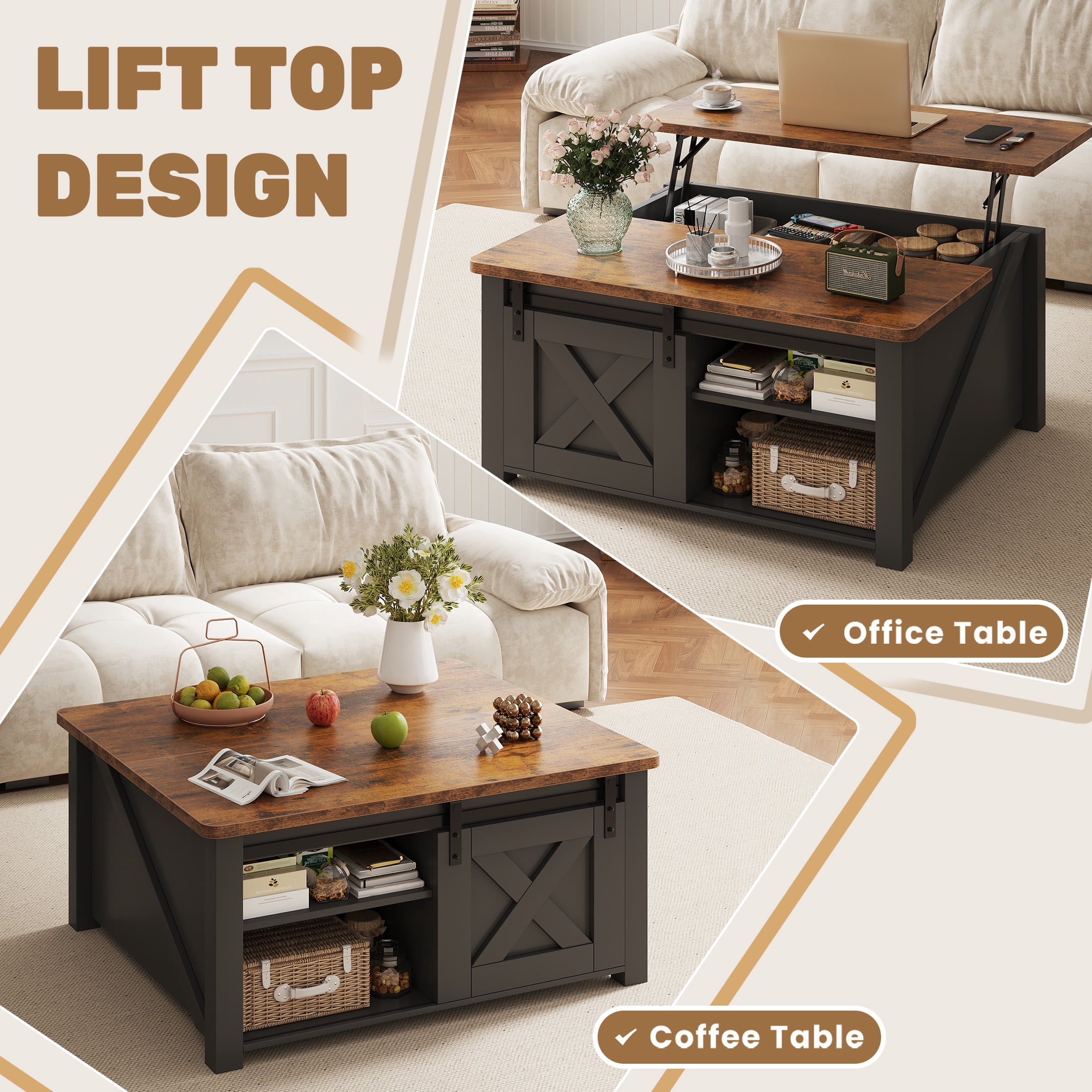 EDX Modern Lift Top Coffee Table with Hidden Storage & Adjustable Shelves, Square Farmhouse Center Table for Living Room, Black