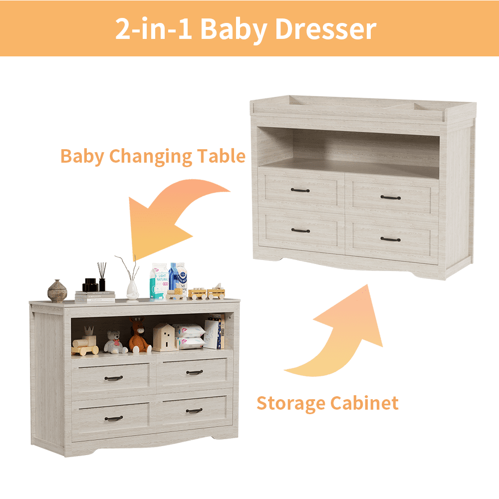 Baby Changing Table Dresser Nursery Chest with Storage-Infant & Toddler, 4 Drawers and Open Storage Space, Beige