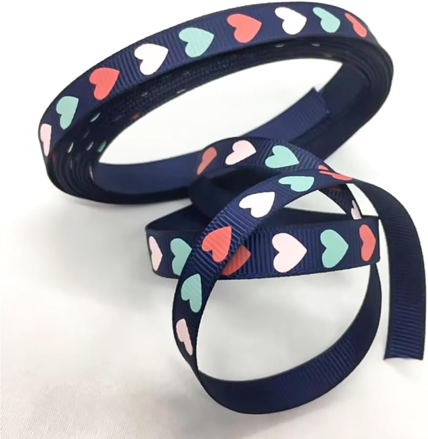 1roll Polyester Grosgrain Ribbon with Heart Printed Midnight Blue 3/8 inch(9mm) about 100yards/roll(91.44m/roll)