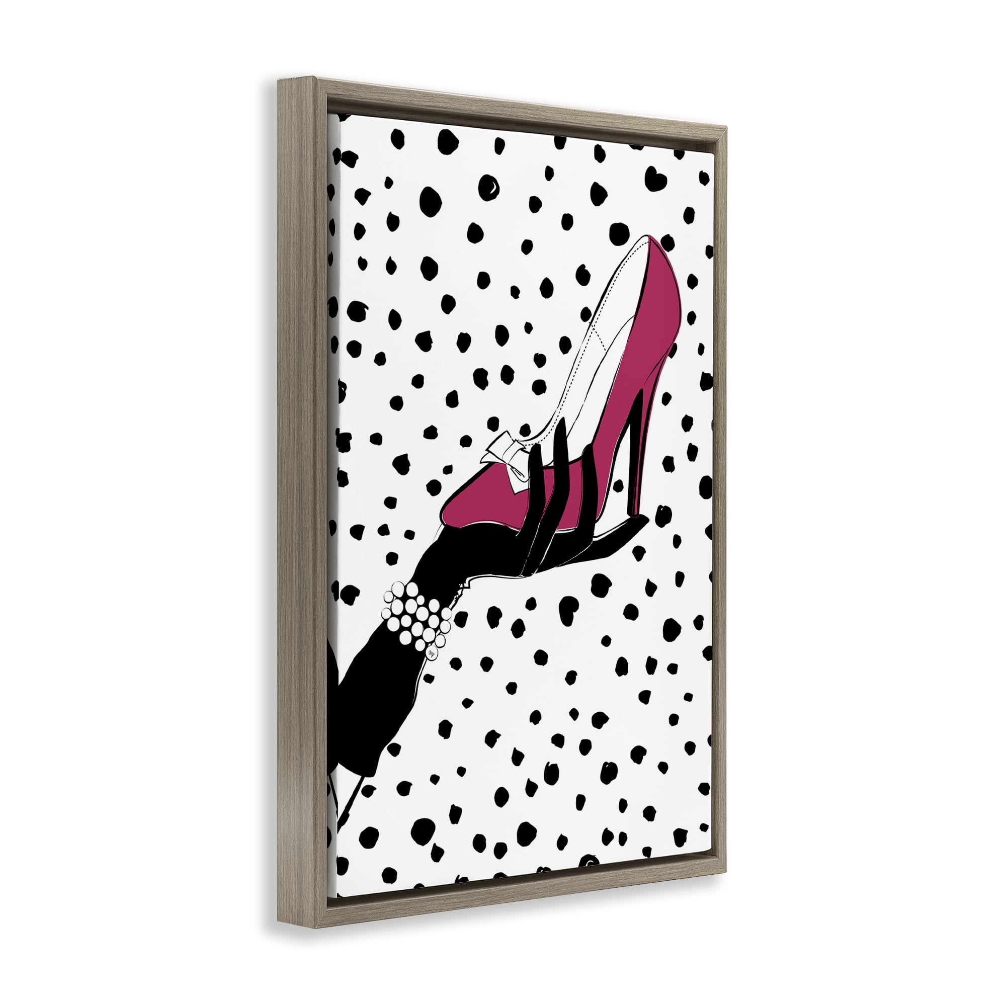 Stupell Industries Pink Shoe with Dots Beauty & Fashion Painting Brown Floater Framed Art Print Wall Art, 21 x 31