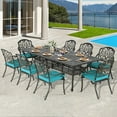 thumbnail image 7 of VIVIJASON 9-Piece Outdoor Dining Set, All Weather Cast Aluminum Retro Patio Furniture Table and Chairs Set for 8, Include 94.5" Rectangular Table and 8 Chairs with Umbrella Hole, Ocean Blue Cushion, 7 of 7