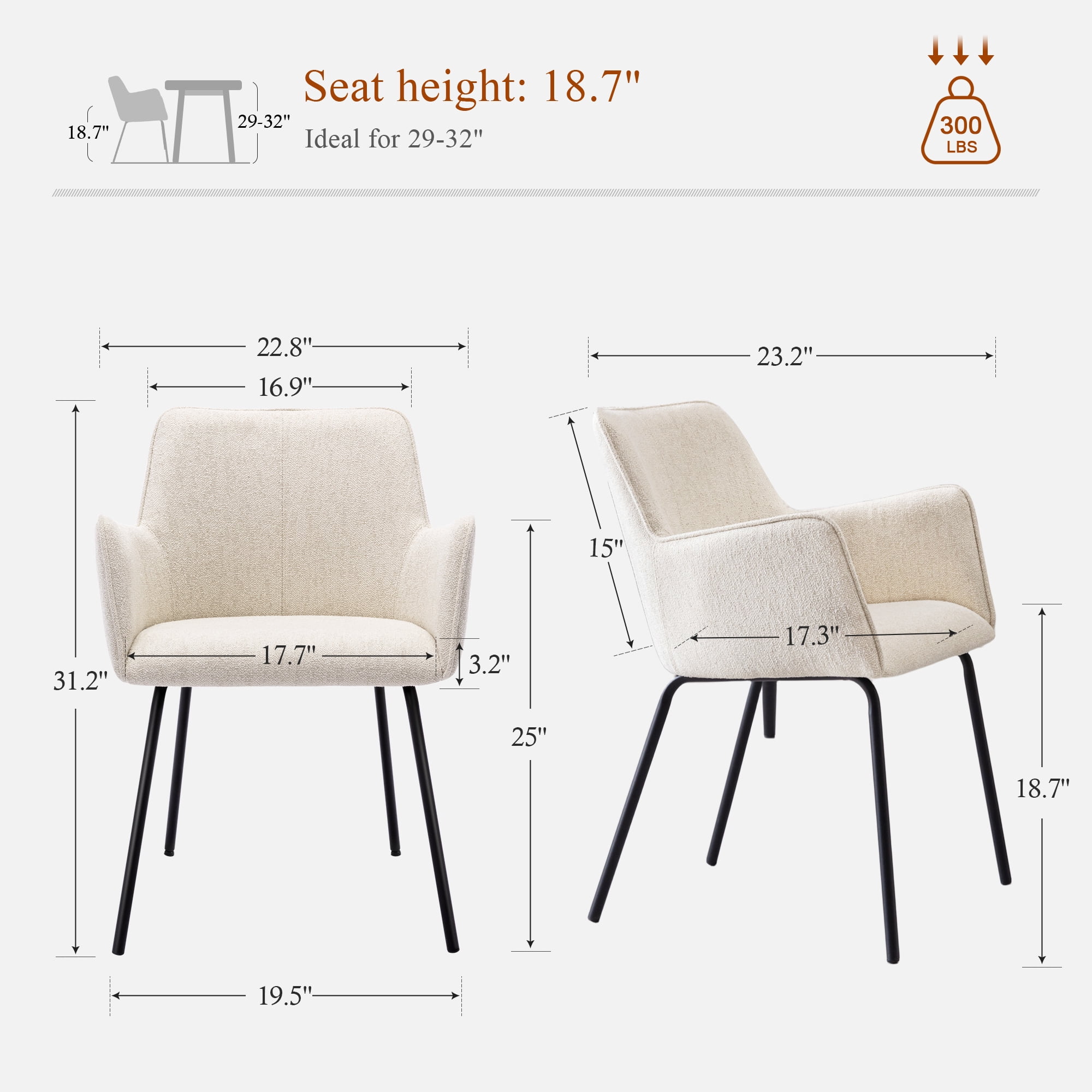 Zesthouse Linen Fabric Dining Chairs Set of 2, Modern Upholstered Small Accent Arm Chairs with Black Legs, Mid Century Comfy Chairs for Living Dining Room, Beige