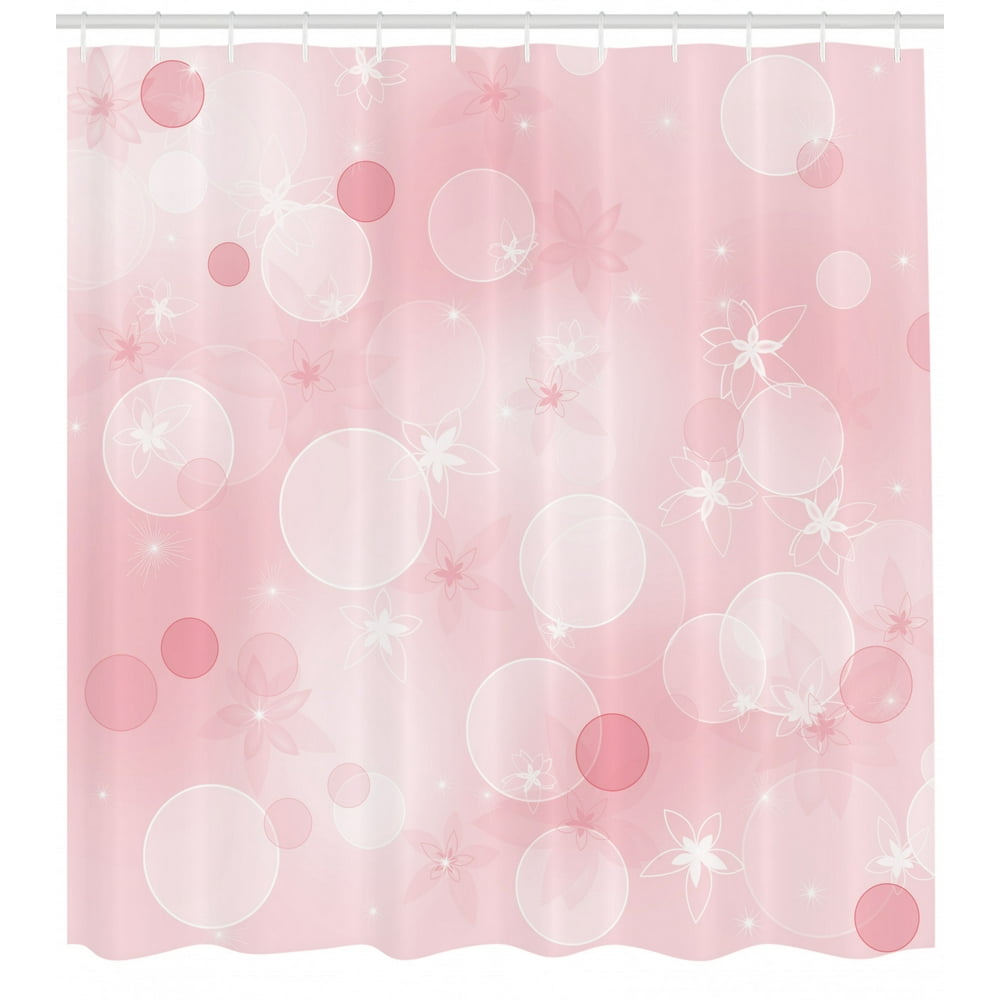 Light Pink Shower Curtain, Floral Background with Hazy Bubbles and