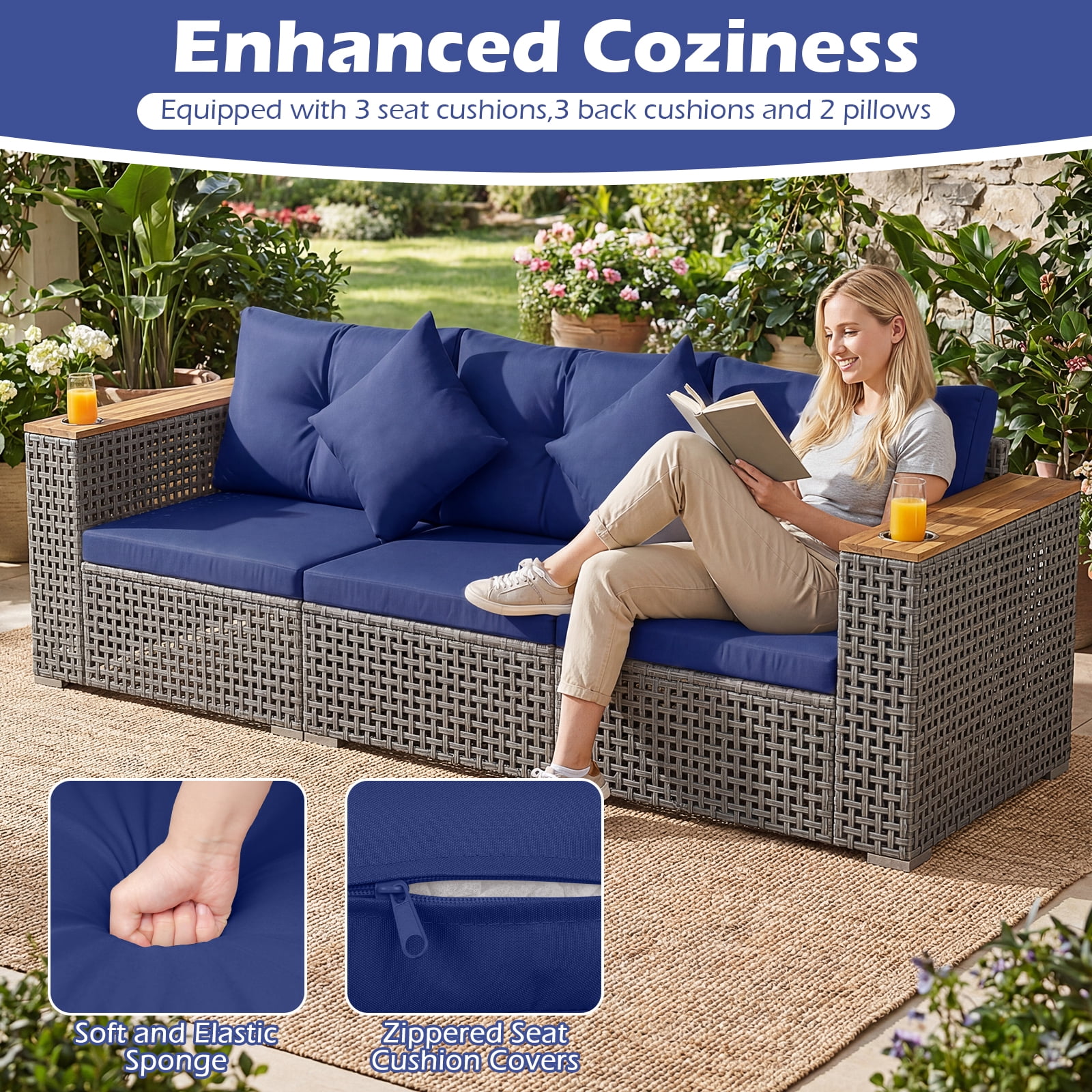 Costway Patio Wicker Sectional Furniture Set, 3 Piece Outdoor Couch Set for Garden Navy