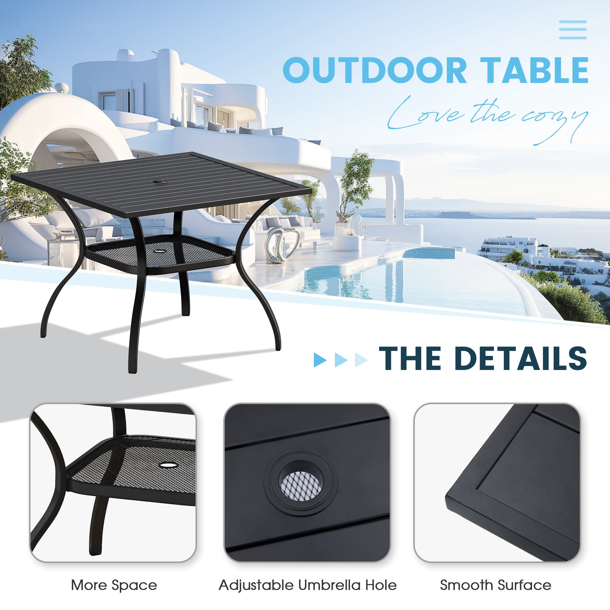 DIFY 5PCS Patio Dining Furniture Set, 38" Square Slatted Table and 4 Swivel Textilene Chairs