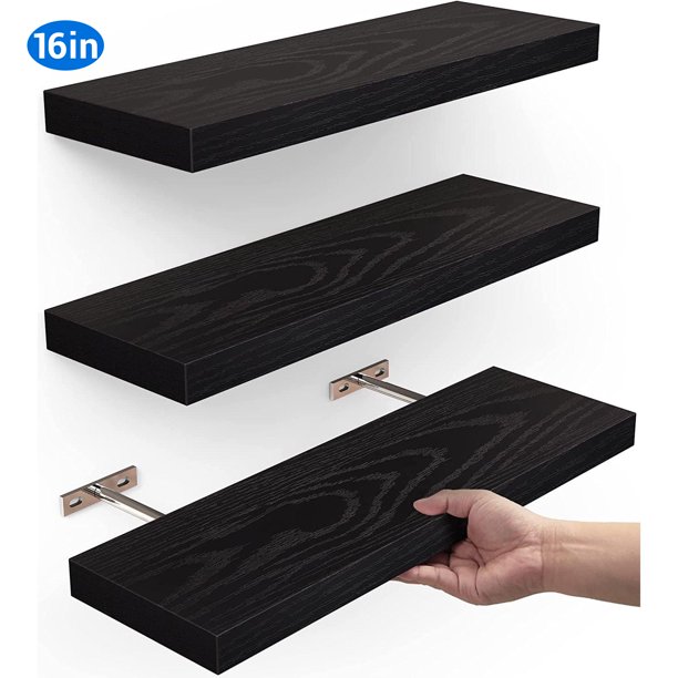 OlarHike 16 inch Wood Floating Shelves Wall Mounted Shelves, Black, Set of 3