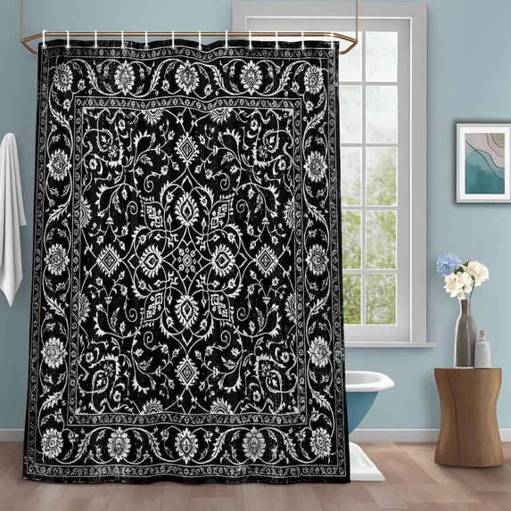 Black Boho Paisley Shower Curtain Set with Hooks, Vintage Floral Classic Traditional Water Repellent Shower Curtains for Bathroom Decor Sturdy Shower Curtain, Machine Washable 36x72 Inch