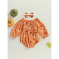 thumbnail image 5 of Infant Baby Girl Halloween Outfits Pumpkin Waffle Ruched Jumpsuit Long Sleeve Romper Headband 2Pcs Comfy Fall Clothes, 5 of 8