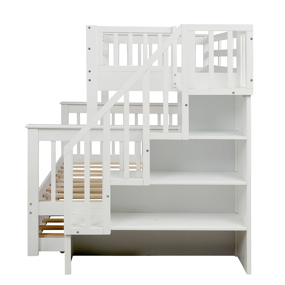 Twin-Over-Full Bunk Beds with Storage and Guard Rail, Bunk Bed for Bedroom, White